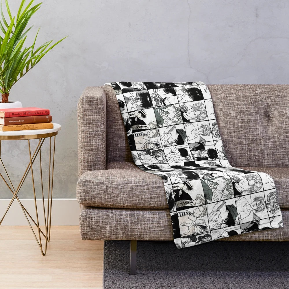 Banana Fish inspired plush blanket featuring a collage of black and white manga panels depicting characters Ash Lynx and Eiji Okumura