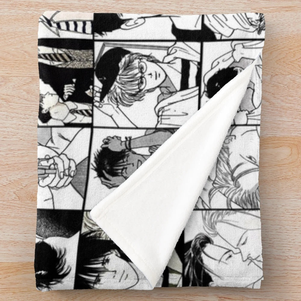Banana Fish inspired plush blanket featuring a collage of black and white manga panels depicting characters Ash Lynx and Eiji Okumura