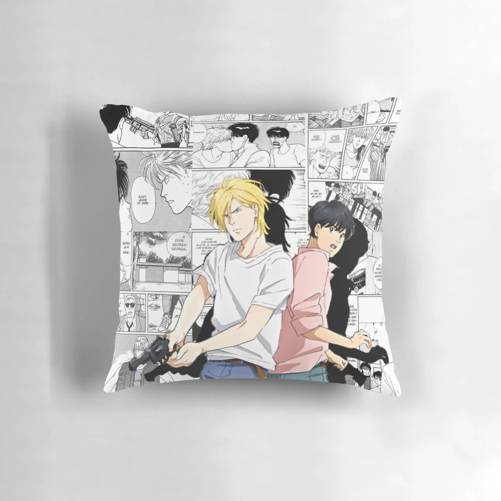 Ash and Eiji from the popular anime and manga series "Banana Fish" featured on a cozy decorative pillow.