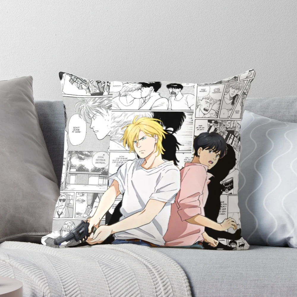 Ash and Eiji from the popular anime and manga series "Banana Fish" featured on a cozy decorative pillow.