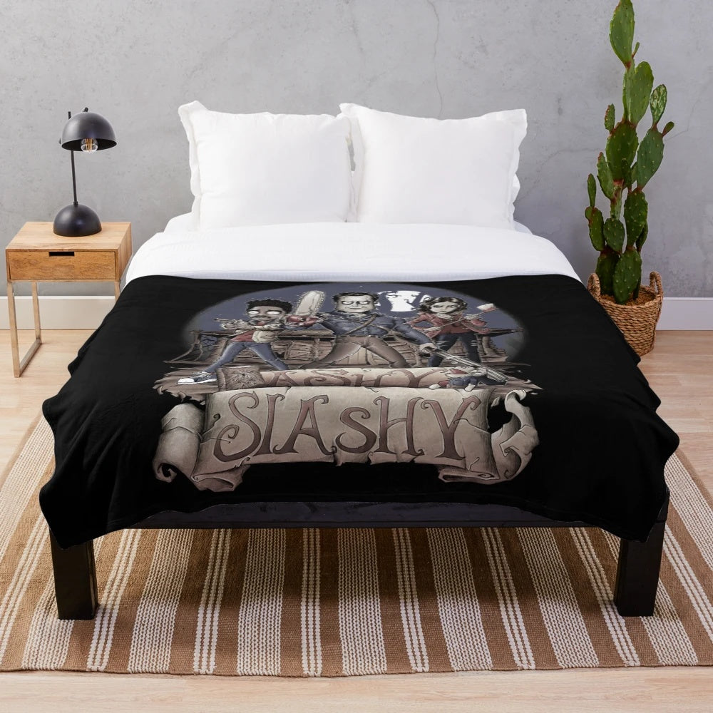 Ashy Slashy Inspired Plush Blanket with Evil Dead, Necronomicon, and Horror Movie Themes