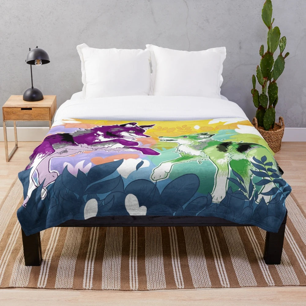 Aspec Wolf Dance Plush Blanket featuring a cozy, vibrant design of a wolf dancing in a nature-inspired setting.