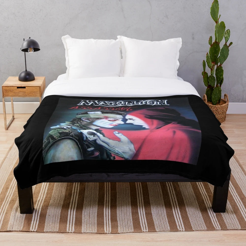 Assassing inspired plush blanket with music-themed design