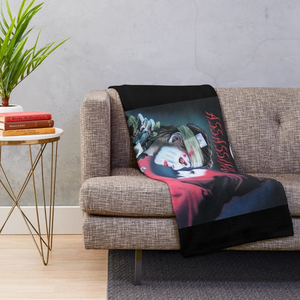 Assassing inspired plush blanket with music-themed design