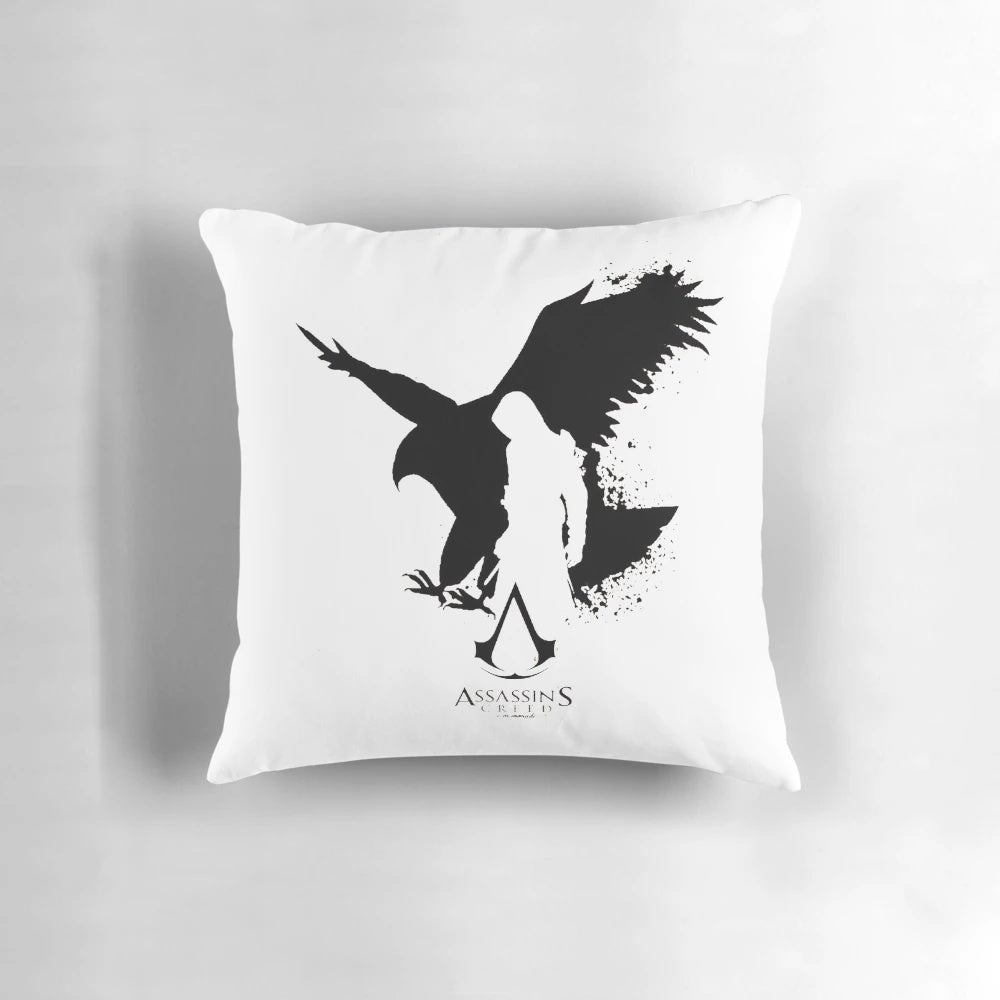 Assassin's Creed themed pillow featuring game characters and logo