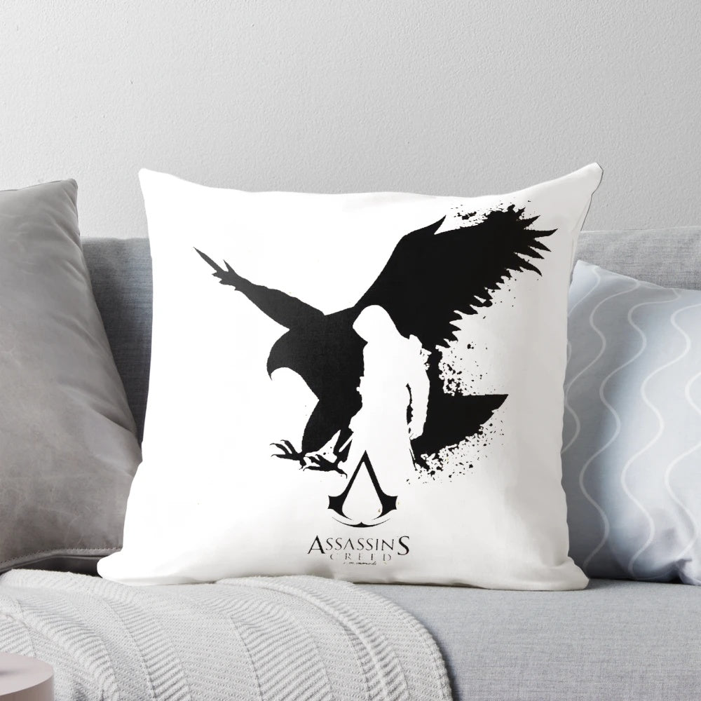 Assassin's Creed themed pillow featuring game characters and logo