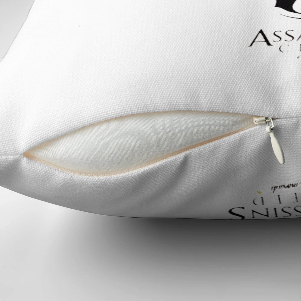 Assassin's Creed themed pillow featuring game characters and logo