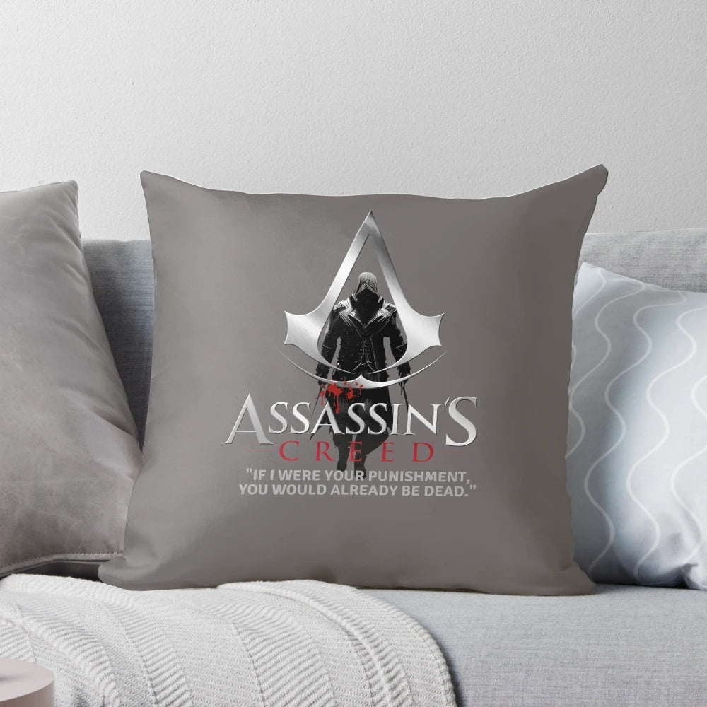 Assassin's Creed custom pillow featuring iconic characters and symbols from the popular video game franchise.