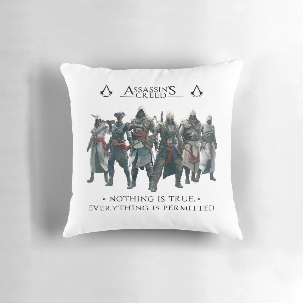 Assassin's Creed themed decorative pillow featuring Ezio, Edward, Altair, and other iconic characters