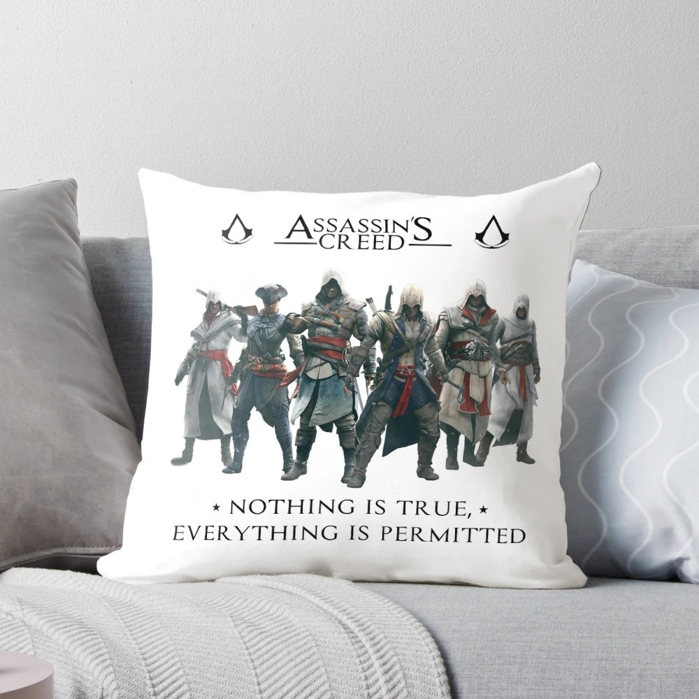 Assassin's Creed themed decorative pillow featuring Ezio, Edward, Altair, and other iconic characters