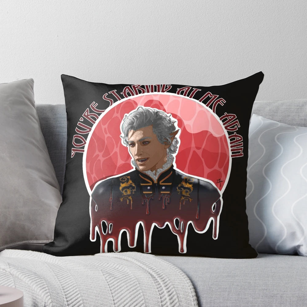 Astarion-inspired fantasy pillow featuring a high elf vampire design