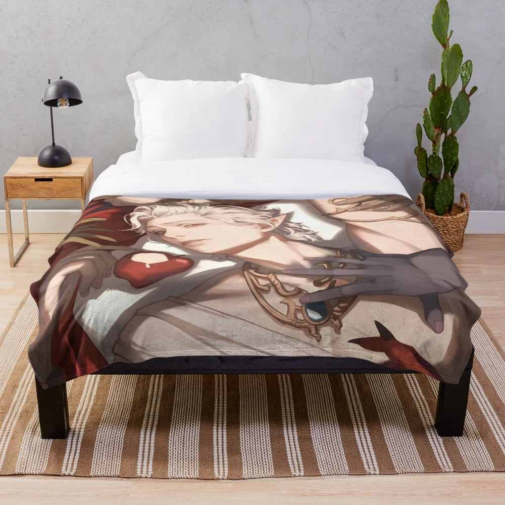 Astarion-themed plush blanket featuring the vampire character from Baldur's Gate 3 video game