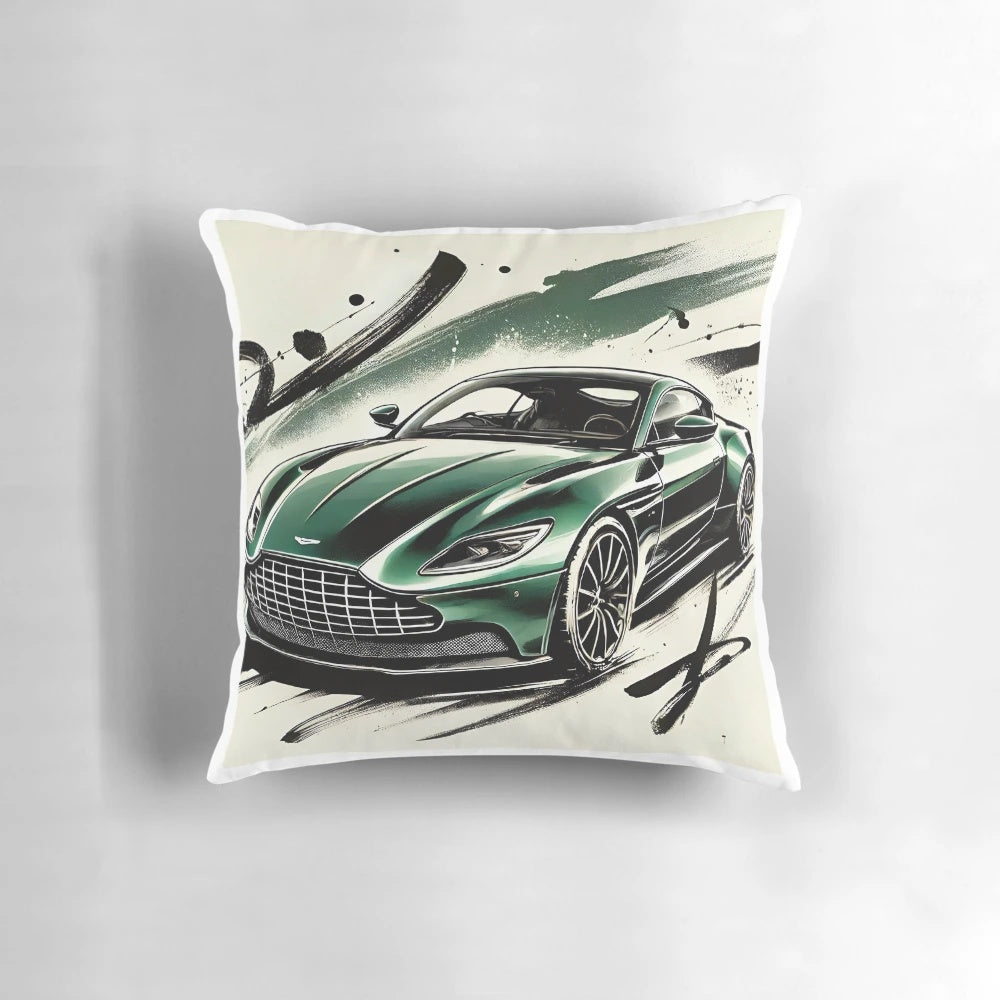 A green watercolor and calligraphy throw pillow featuring the Aston Martin DB12 sports car.