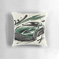 A green watercolor and calligraphy throw pillow featuring the Aston Martin DB12 sports car.