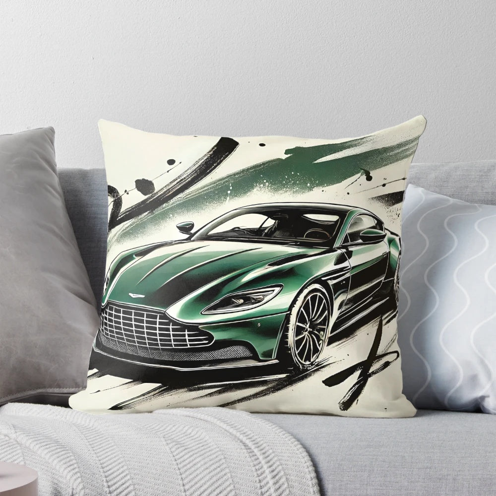 A green watercolor and calligraphy throw pillow featuring the Aston Martin DB12 sports car.