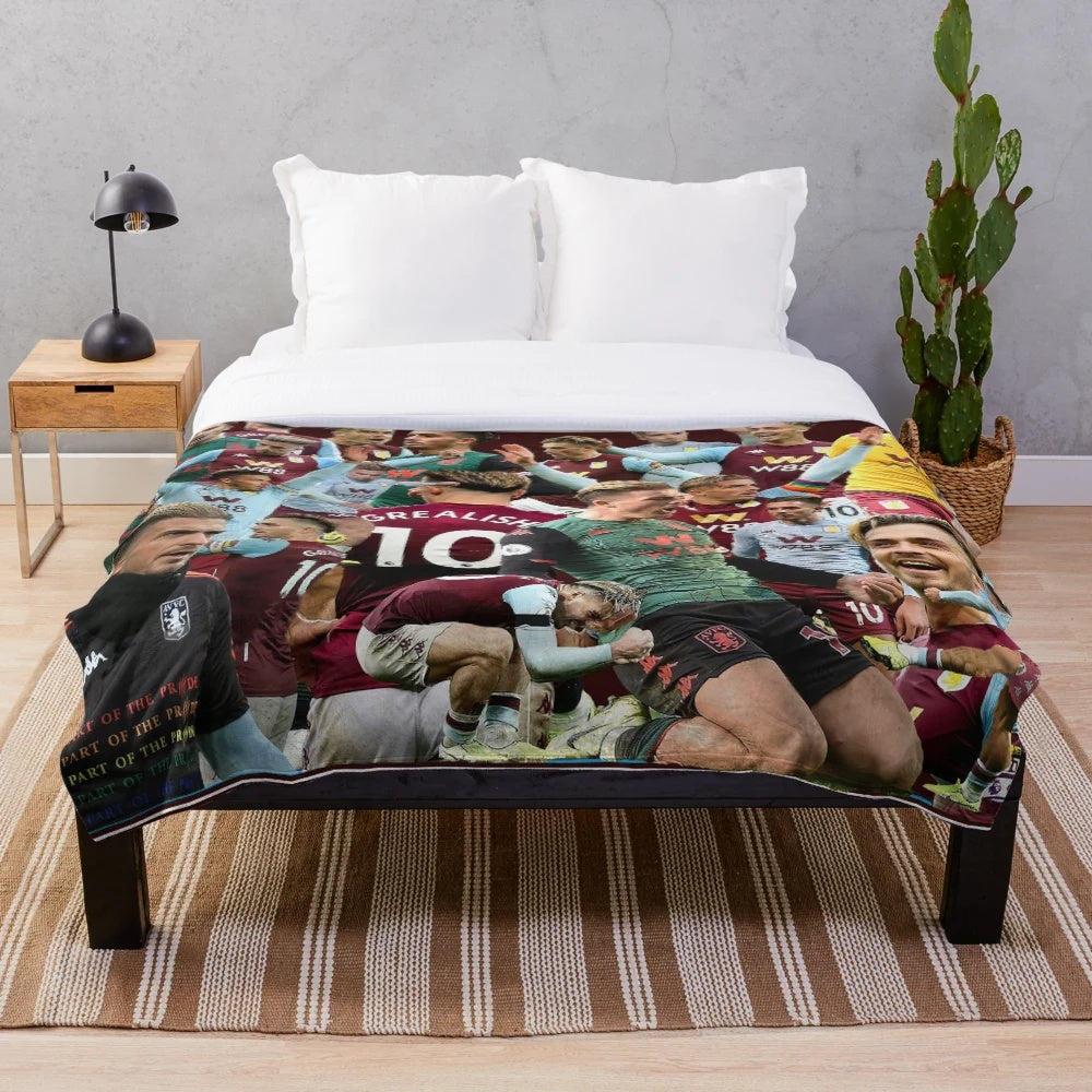 Aston Villa Legends Mosaic Plush Blanket featuring a collage of players including Jack Grealish