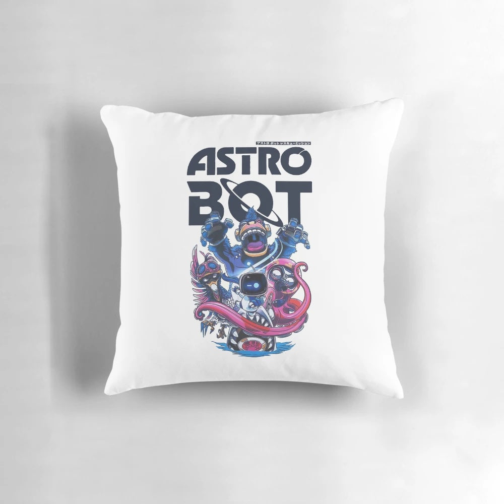 Astro Bot, the cute robot character from Astros Playroom on Playstation, featured on a cozy pillow.