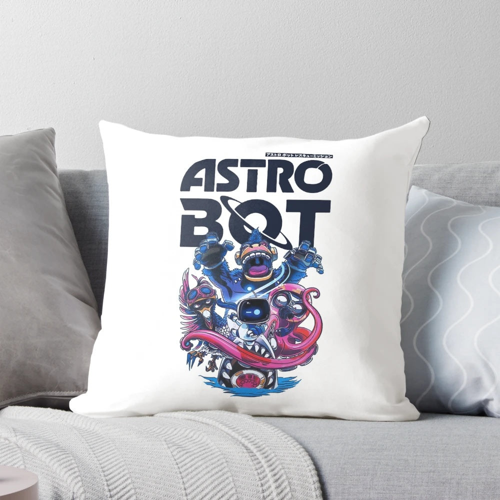Astro Bot, the cute robot character from Astros Playroom on Playstation, featured on a cozy pillow.