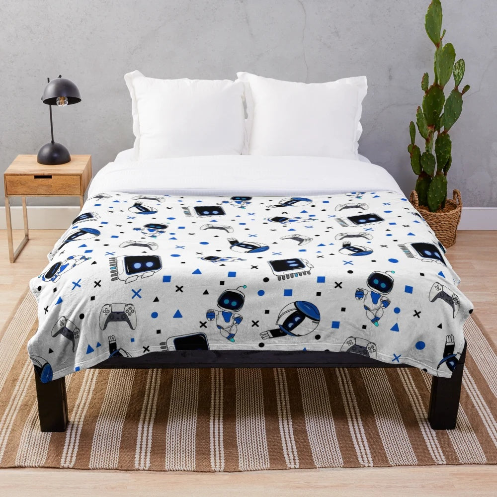 Astrobot-themed plush blanket with characters from the PlayStation 5 game Astros Playroom