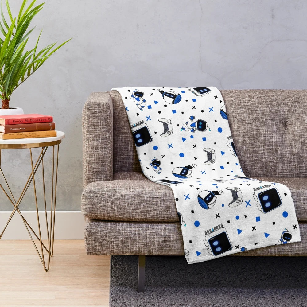 Astrobot-themed plush blanket with characters from the PlayStation 5 game Astros Playroom