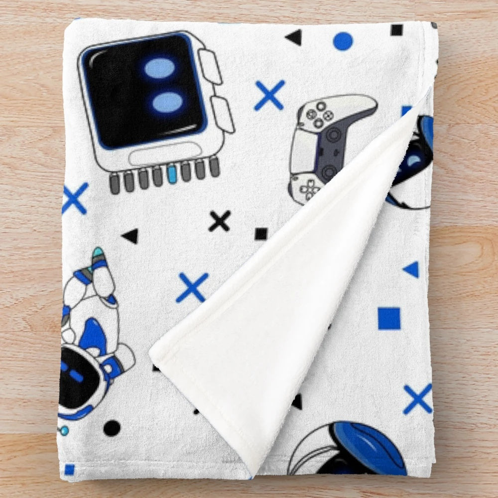 Astrobot-themed plush blanket with characters from the PlayStation 5 game Astros Playroom