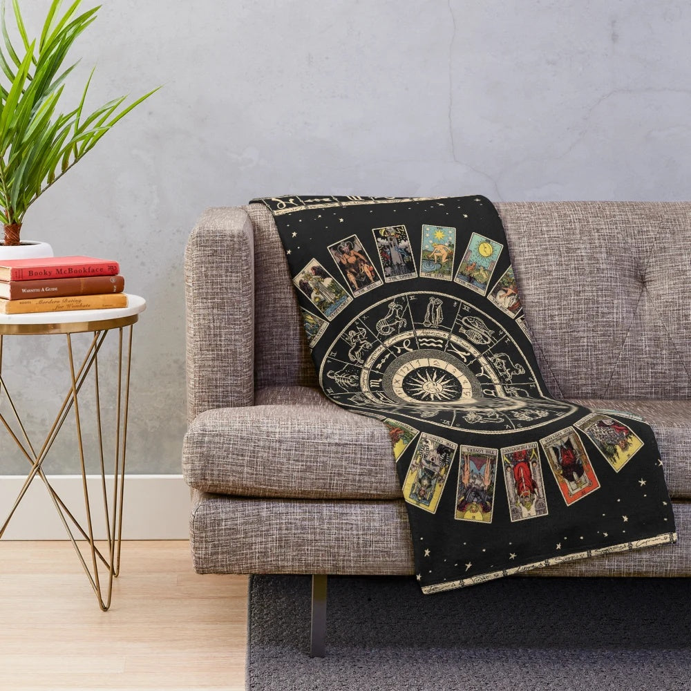 Plush blanket featuring the zodiac wheel and major arcana tarot imagery