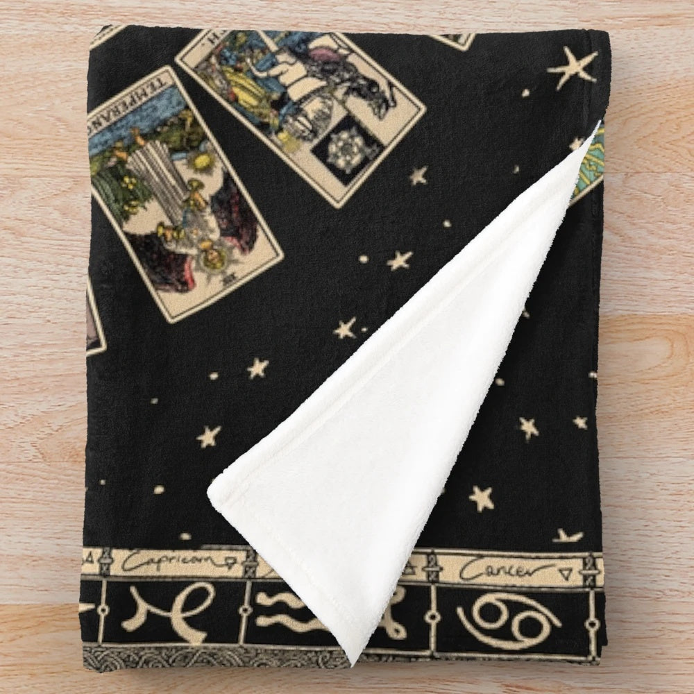 Plush blanket featuring the zodiac wheel and major arcana tarot imagery