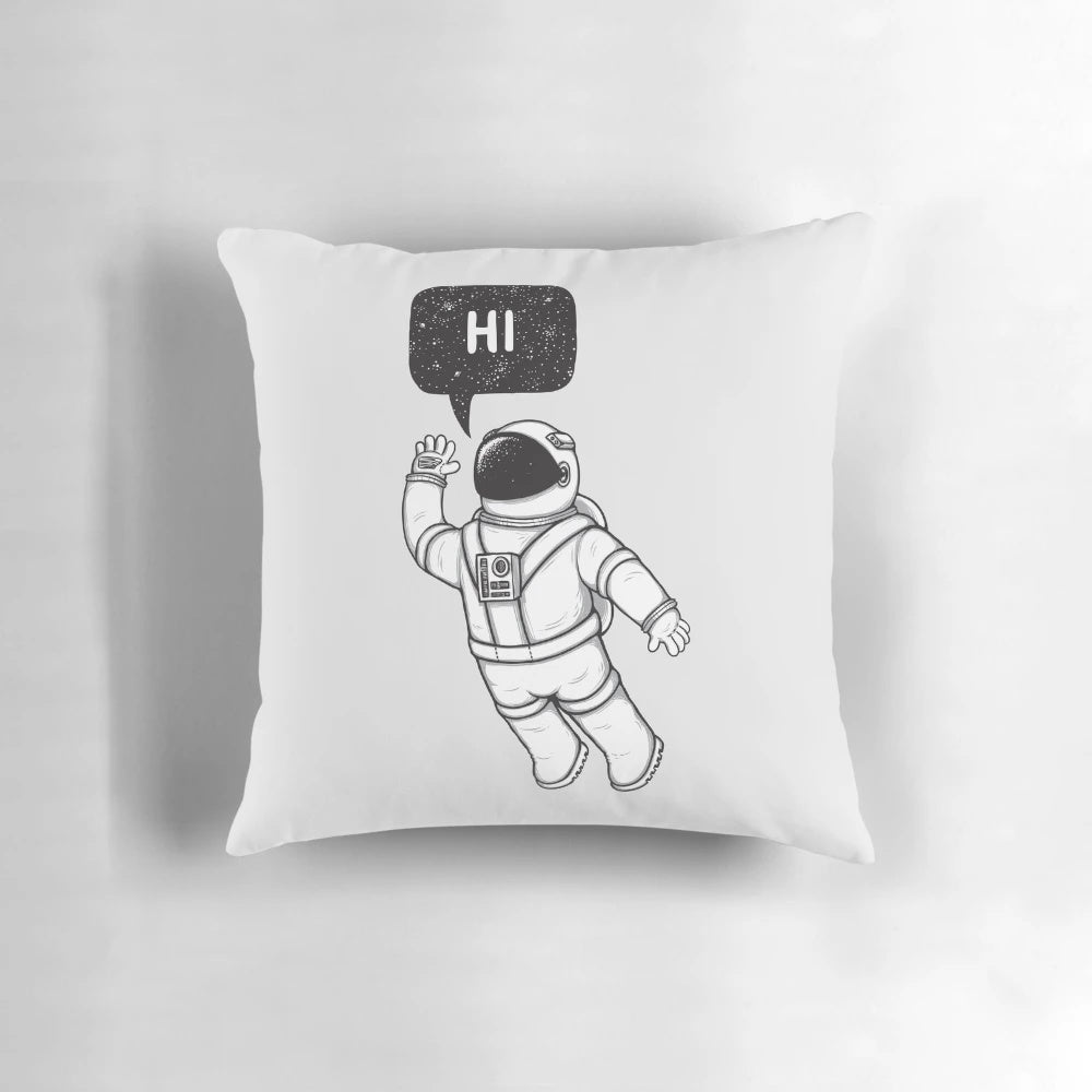 Decorative pillow featuring a black and white vector design of an astronaut greeting with stars in the background