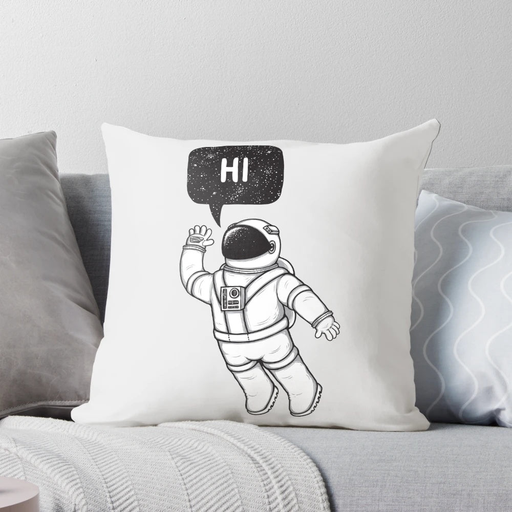 Decorative pillow featuring a black and white vector design of an astronaut greeting with stars in the background