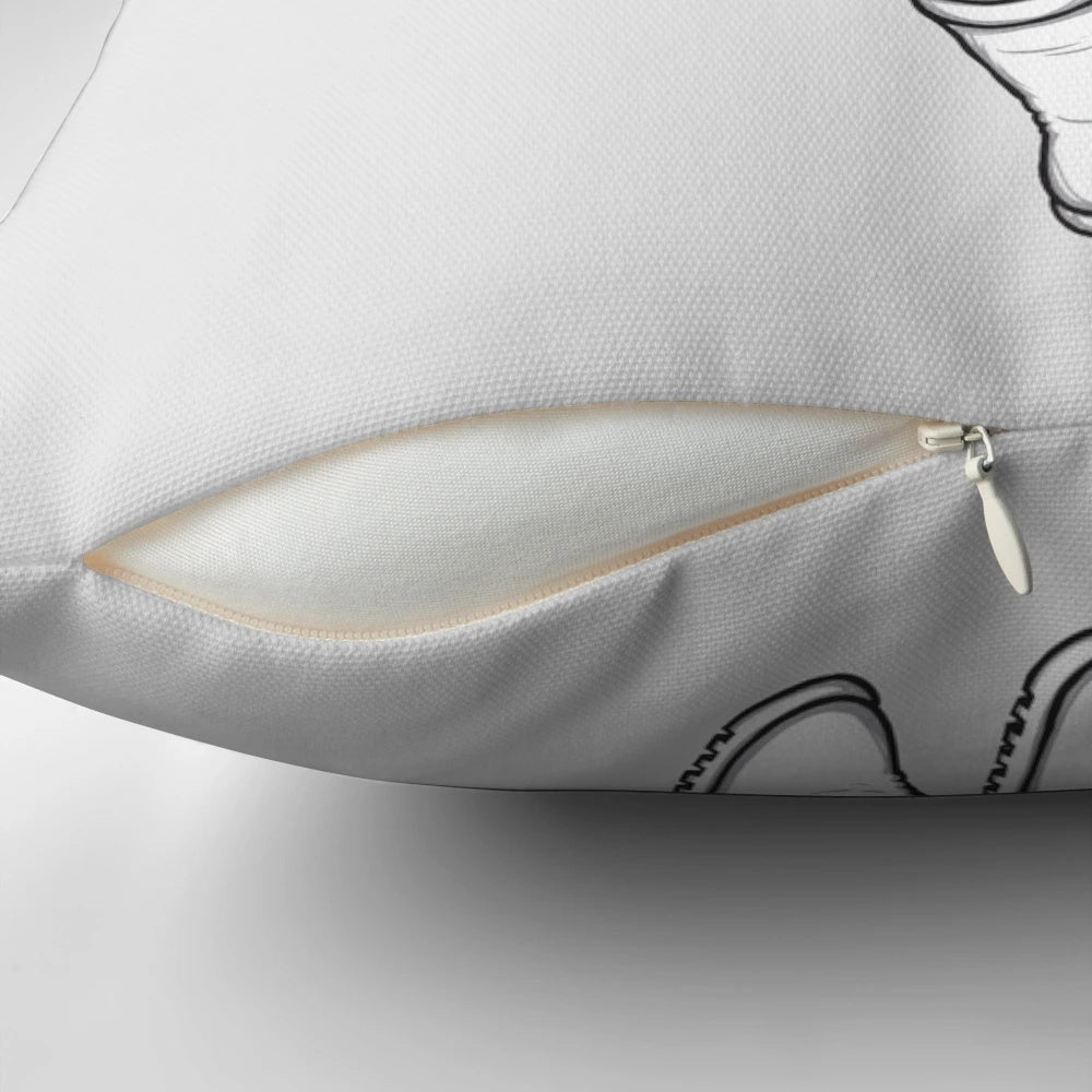 Decorative pillow featuring a black and white vector design of an astronaut greeting with stars in the background