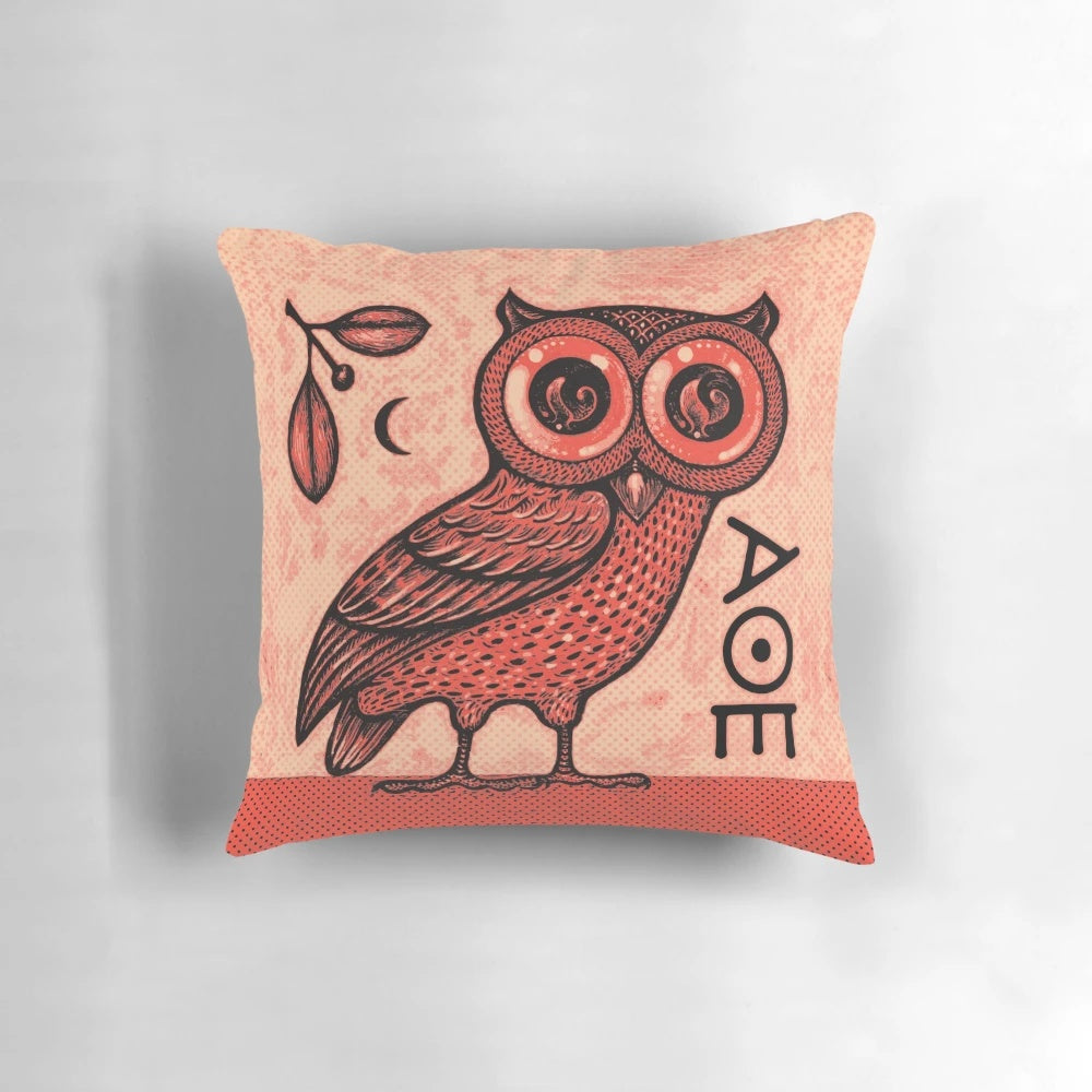 Athena's Owl Pillow - Elegant digital illustration of an owl, symbol of the Greek goddess Athena