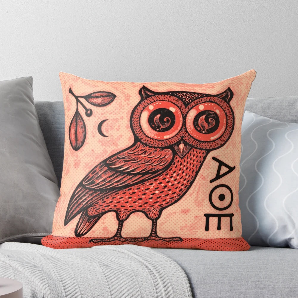 Athena's Owl Pillow - Elegant digital illustration of an owl, symbol of the Greek goddess Athena