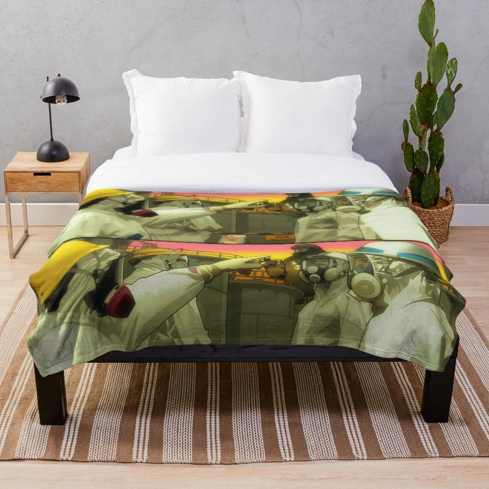 Plush blanket with nuclear disaster-inspired design