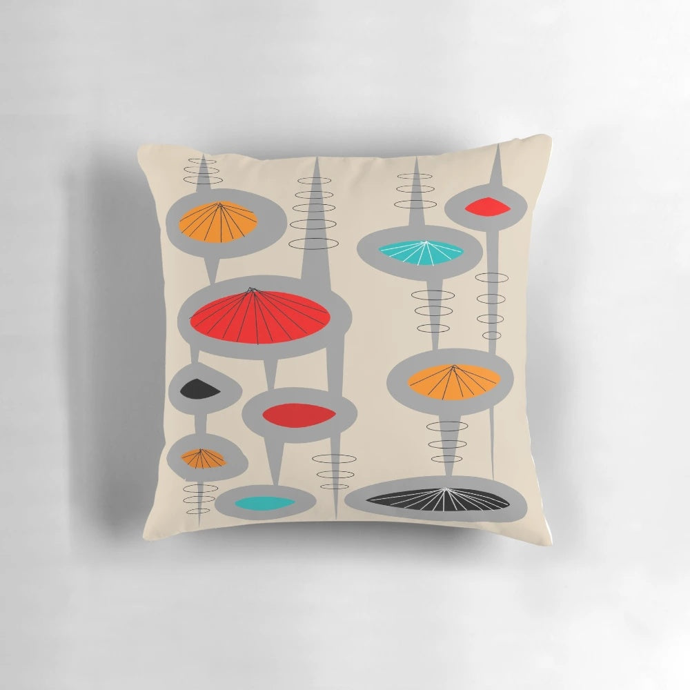 Atomic era inspired abstract art throw pillow in teal colors