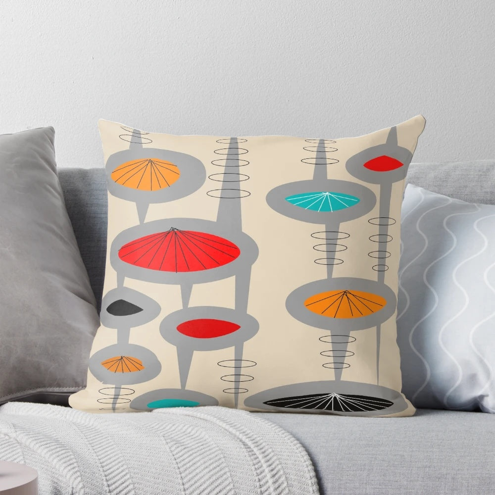 Atomic era inspired abstract art throw pillow in teal colors