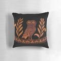 Decorative pillow featuring an ancient Greek red-figure kalpis depicting an owl and the goddess Athena.