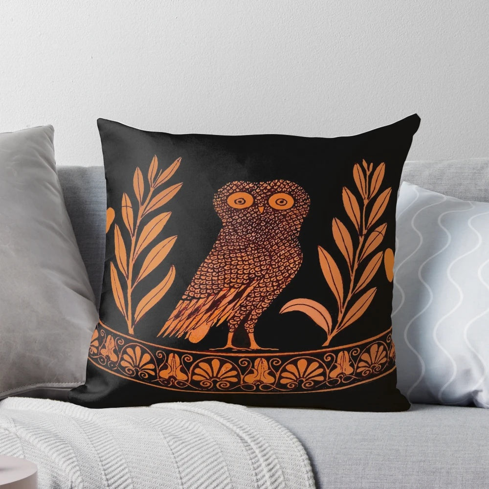 Decorative pillow featuring an ancient Greek red-figure kalpis depicting an owl and the goddess Athena.