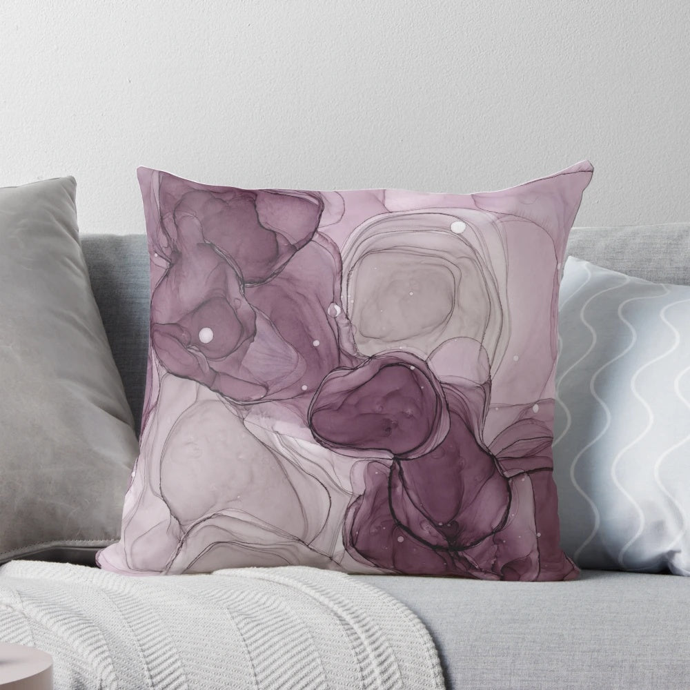 Aubergine-inspired abstract artwork featuring fluid, wispy alcohol ink textures in shades of purple and grey.