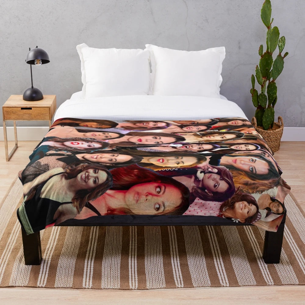 Aubrey Plaza photo collage design printed on a soft, cozy plush blanket