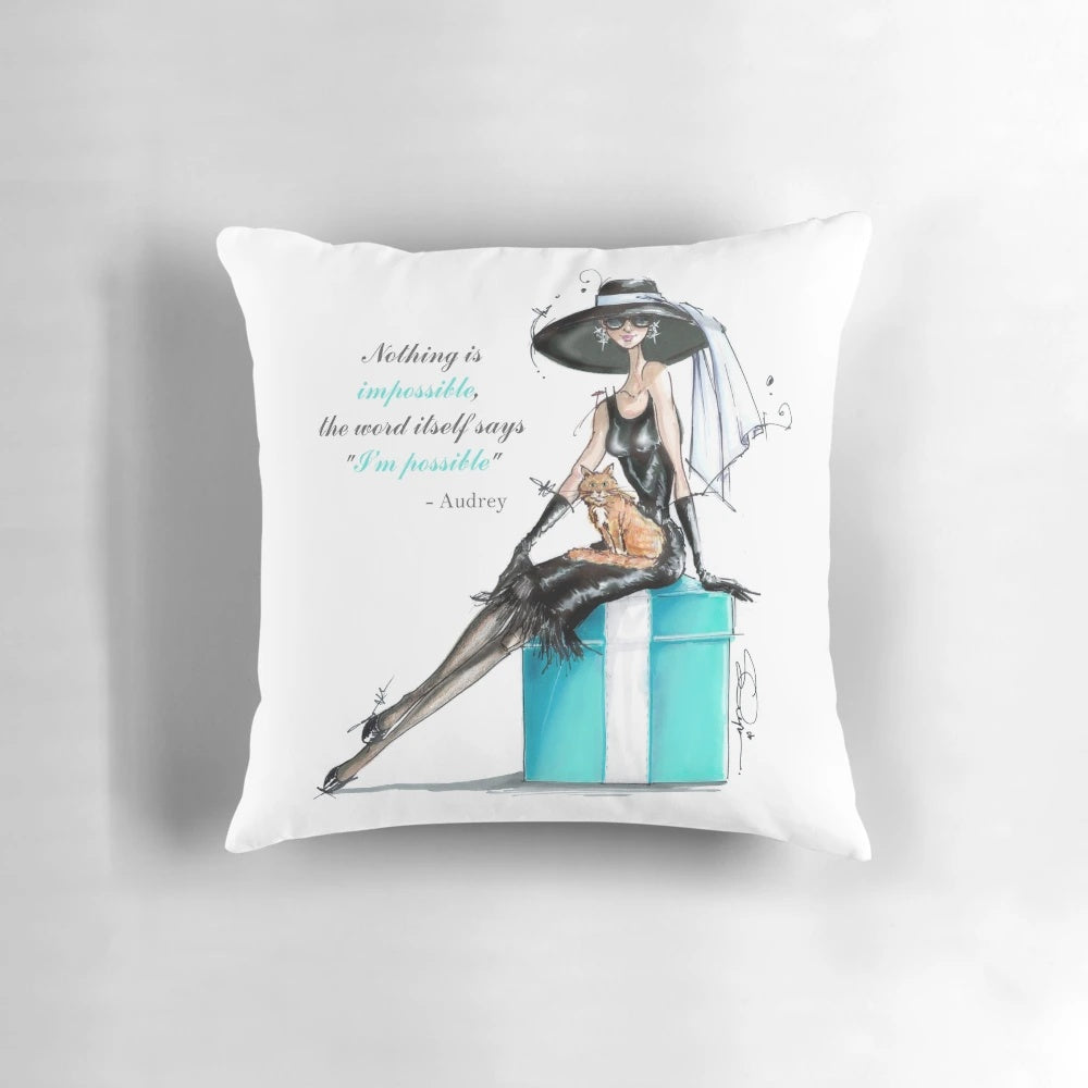 Audrey Hepburn fashion illustration pillow featuring her famous quote "Nothing is impossible!"