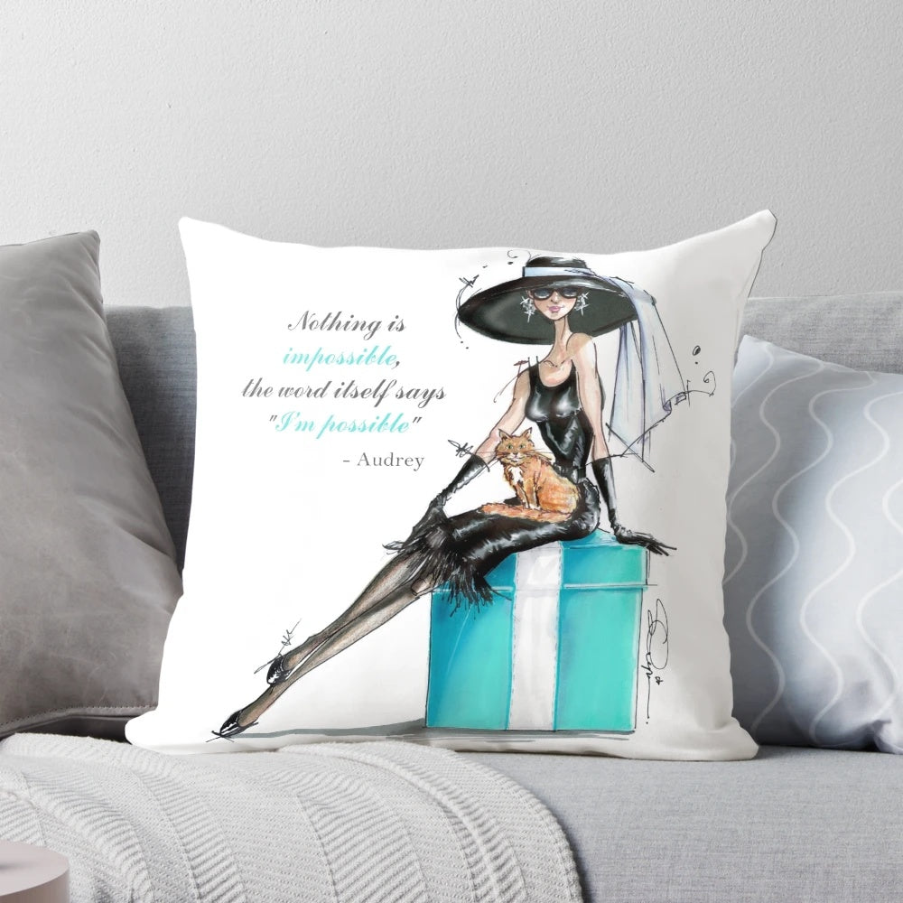 Audrey Hepburn fashion illustration pillow featuring her famous quote "Nothing is impossible!"