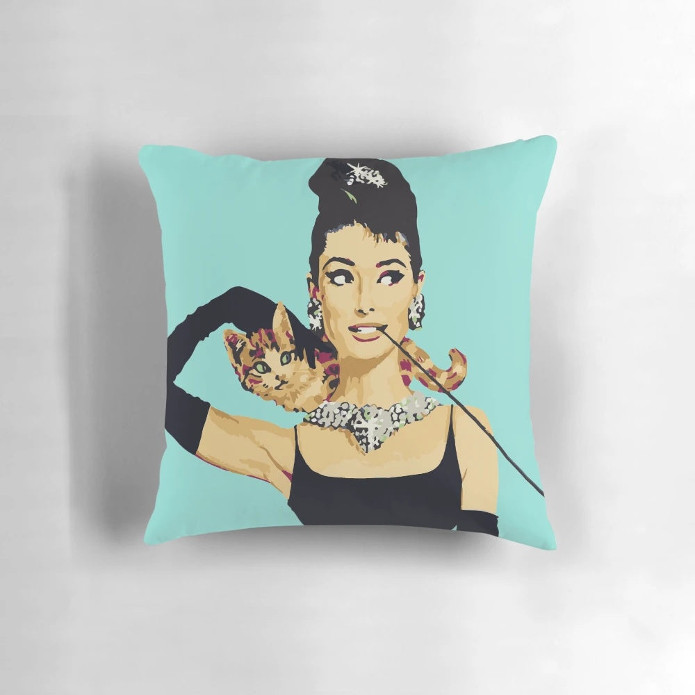 Audrey Hepburn inspired decorative pillow with Breakfast at Tiffany's typography