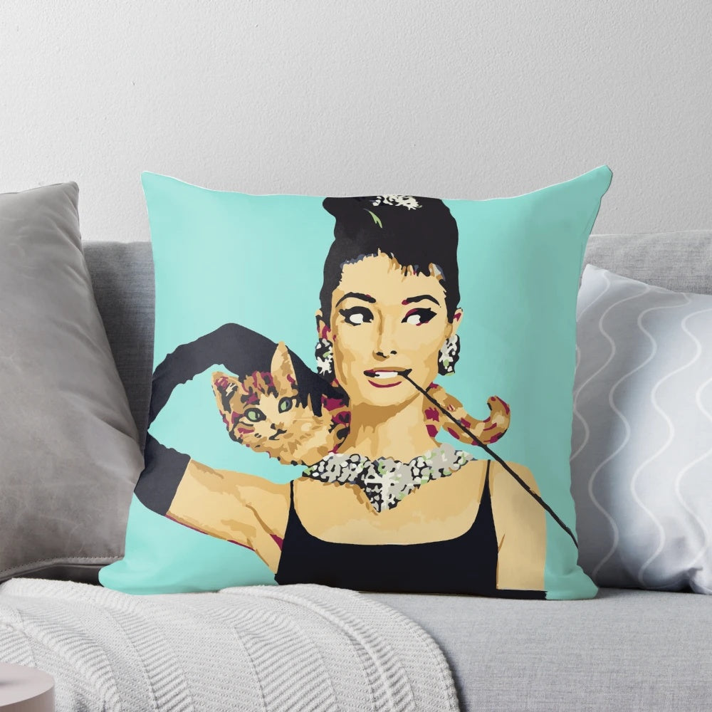 Audrey Hepburn inspired decorative pillow with Breakfast at Tiffany's typography