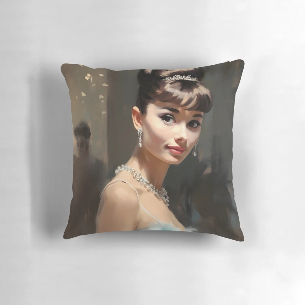 Audrey Hepburn's iconic Breakfast at Tiffany's portrait painting featured on a decorative pillow