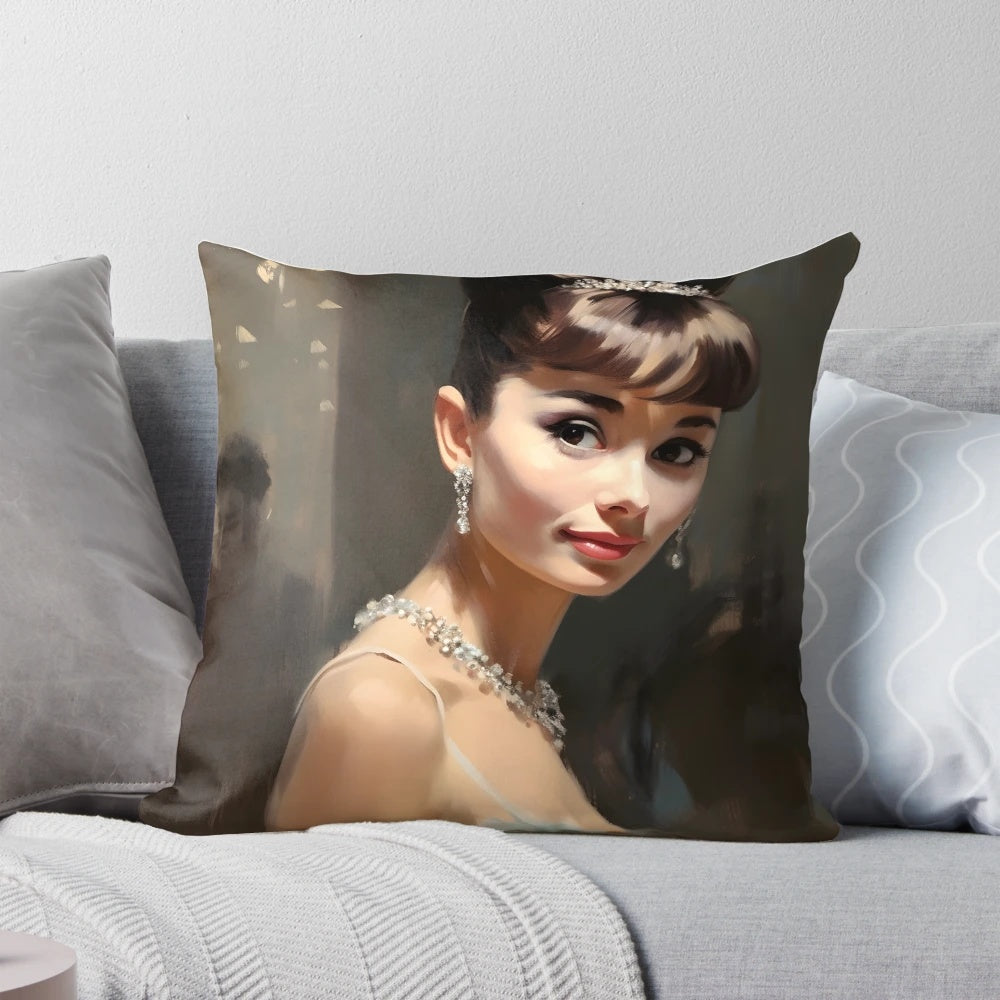 Audrey Hepburn's iconic Breakfast at Tiffany's portrait painting featured on a decorative pillow