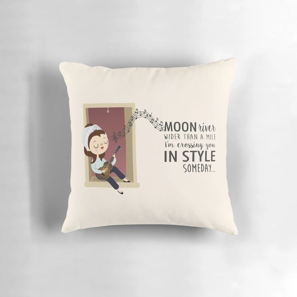 Pillow with Audrey Hepburn's "Moon River" lyrics from the classic film Breakfast at Tiffany's