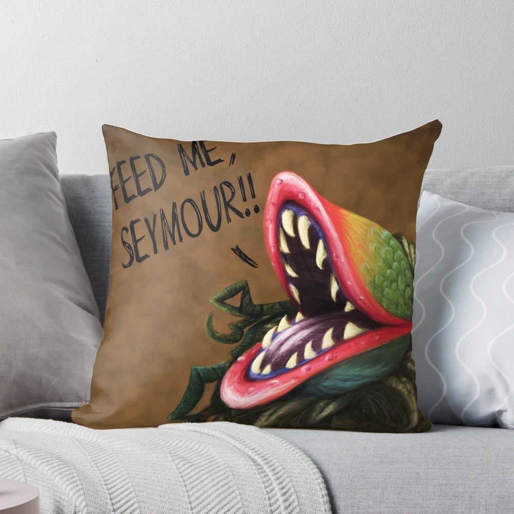 Decorative pillow featuring the carnivorous plant Audrey II from the classic musical Little Shop of Horrors