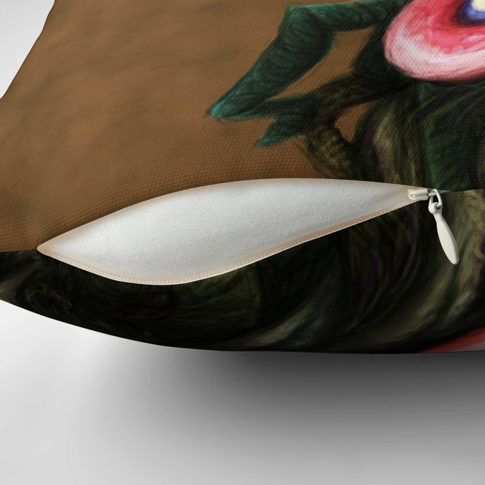Decorative pillow featuring the carnivorous plant Audrey II from the classic musical Little Shop of Horrors