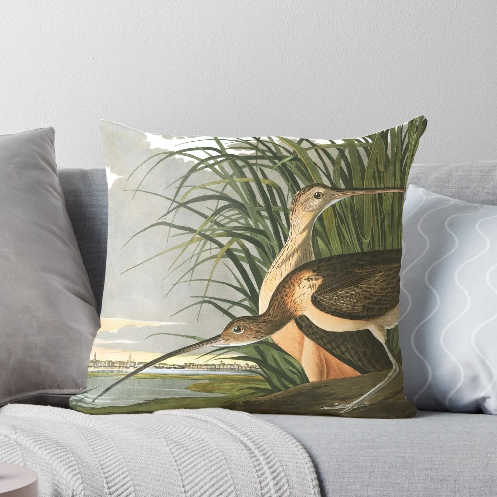 Vintage Audubon print of a Long-billed Curlew bird on a decorative throw pillow.