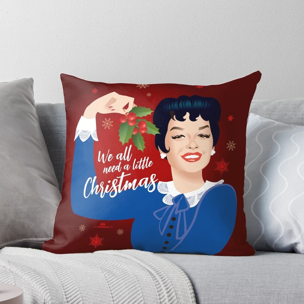Auntie Mame Christmas pillow with whimsical illustration by Alejandro Mogolloart